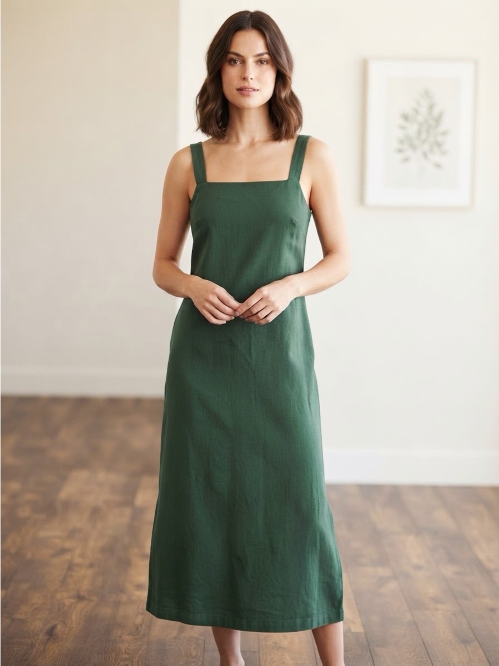 Women's Square-Neck Green Midi Dress 100% cotton